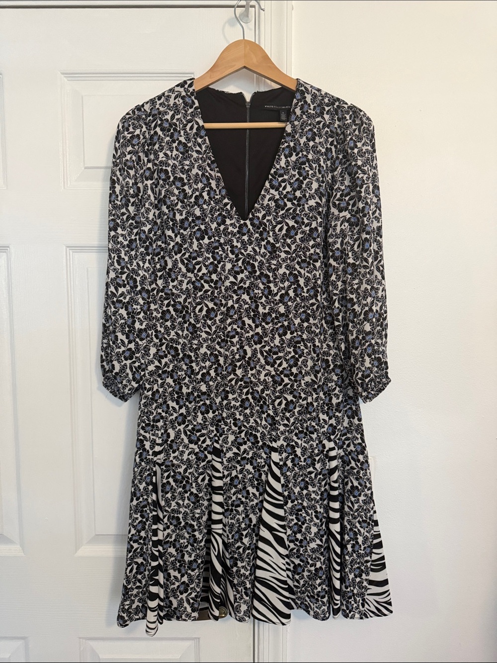 White House Black Market Black & White Mixed Print Long Sleeve Dress